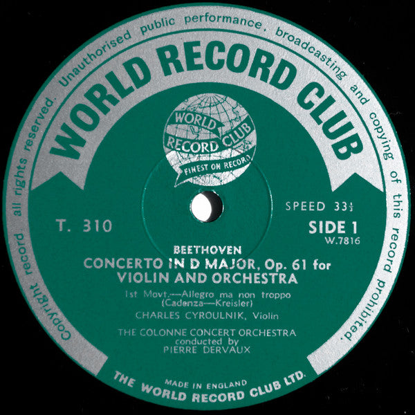 Ludwig Van Beethoven - Charles Cyroulnik, L'Orchestre De L'Association Des Concerts Colonne, Pierre Dervaux (2) : Violin Concerto (LP, Album, Mono, Club)