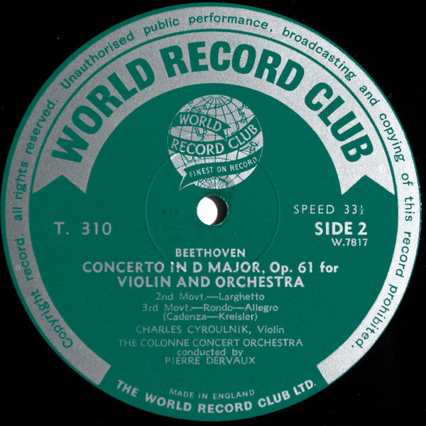 Ludwig Van Beethoven - Charles Cyroulnik, L'Orchestre De L'Association Des Concerts Colonne, Pierre Dervaux (2) : Violin Concerto (LP, Album, Mono, Club)