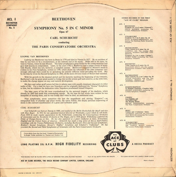 Ludwig Van Beethoven - Orchestre De La Société Des Concerts Du Conservatoire, Carl Schuricht : Fifth Symphony (LP, Mono, RE, R/T)
