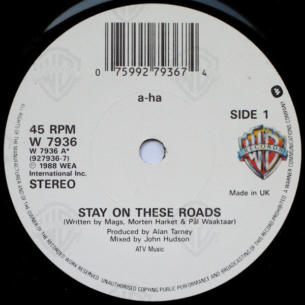 a-ha : Stay On These Roads (7", Single)