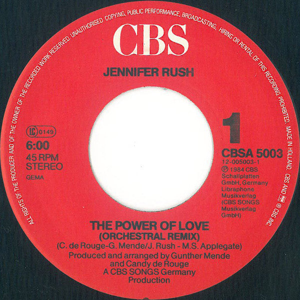 Jennifer Rush : The Power Of Love (Orchestral Remix) (7", Single, RP, Red)