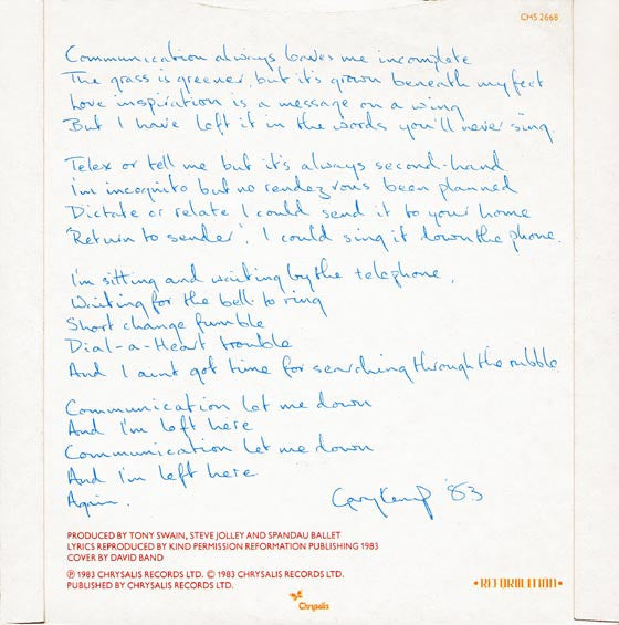 Spandau Ballet : Communication (7", Single, Blu)