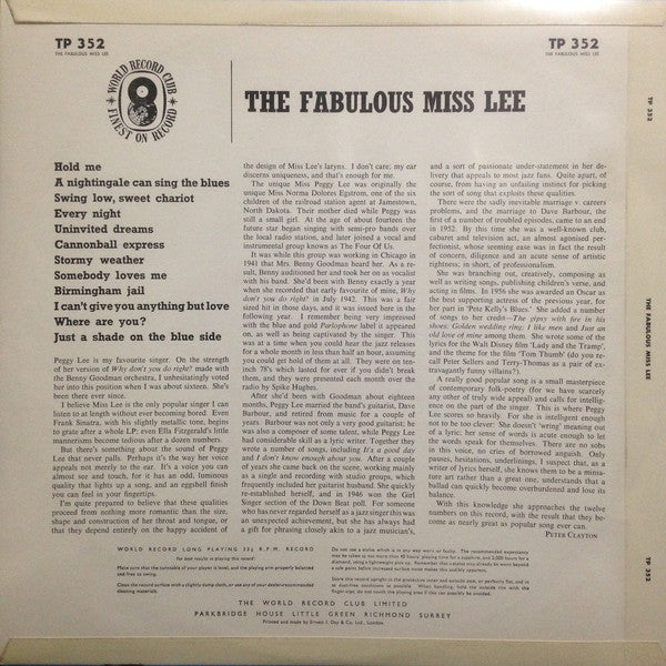 Peggy Lee : The Fabulous Miss Lee (LP, Album, Mono, Club)