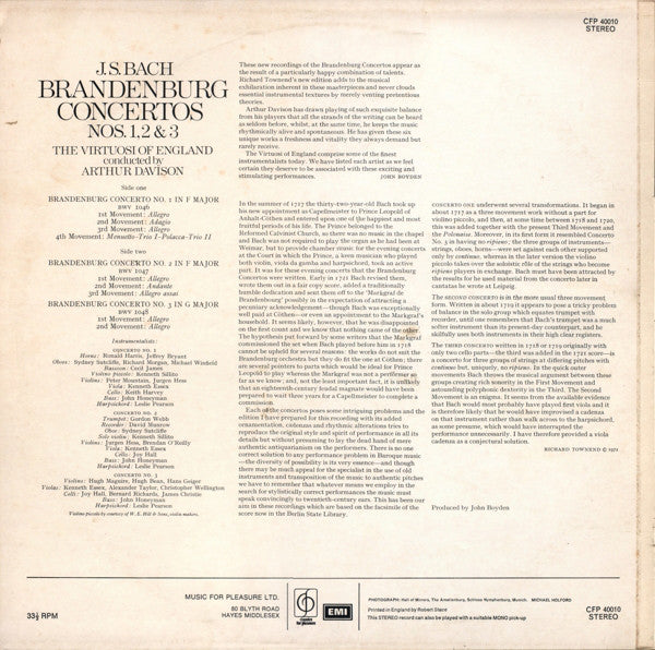 Johann Sebastian Bach, The Virtuosi Of England, Arthur Davison : Brandenburg Concertos No. 1 In F Major • No. 2 In F Major • No. 3 In G Major (LP)