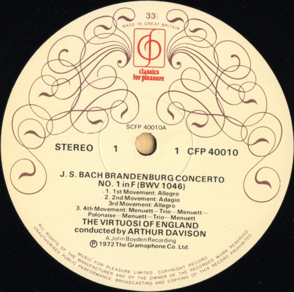 Johann Sebastian Bach, The Virtuosi Of England, Arthur Davison : Brandenburg Concertos No. 1 In F Major • No. 2 In F Major • No. 3 In G Major (LP)