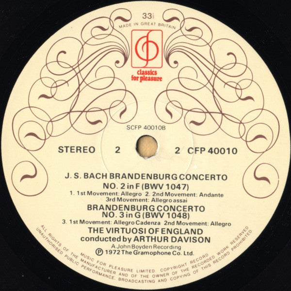 Johann Sebastian Bach, The Virtuosi Of England, Arthur Davison : Brandenburg Concertos No. 1 In F Major • No. 2 In F Major • No. 3 In G Major (LP)