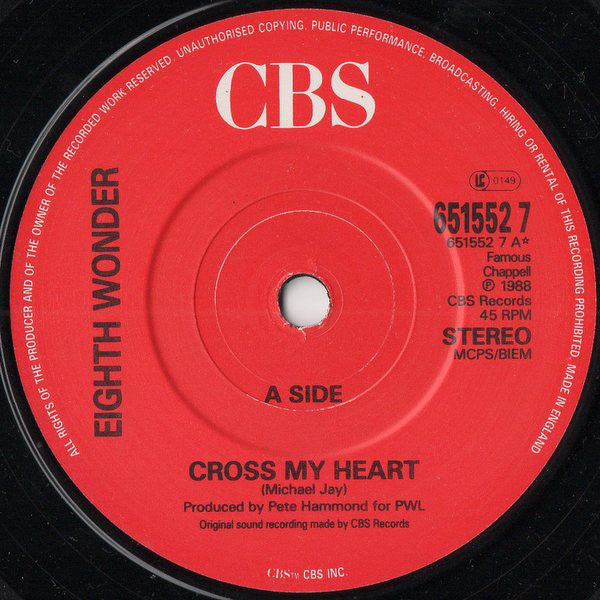 Eighth Wonder : Cross My Heart (7", Single)