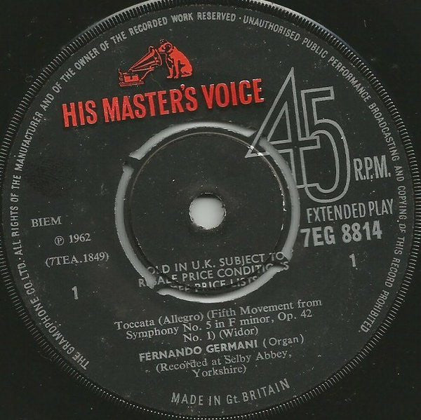 Charles-Marie Widor, Johann Sebastian Bach, Fernando Germani : Toccata & Prelude And Fugue In G ('The Great'), BWV 541 (7", EP, Mono)