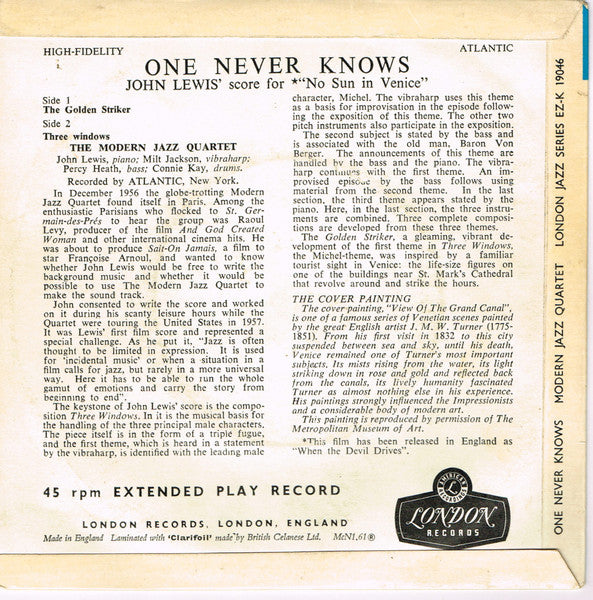 The Modern Jazz Quartet : One Never Knows (7", EP, RP, 4-P)