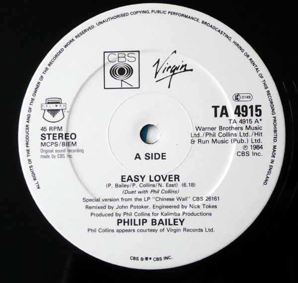 Philip Bailey & Phil Collins : Easy Lover (Extended Re-mixed Version) (12", Single)