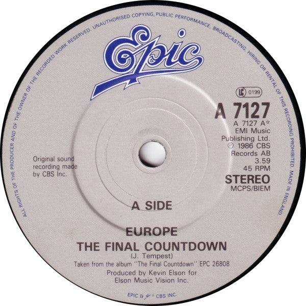 Europe (2) : The Final Countdown (7", Single)