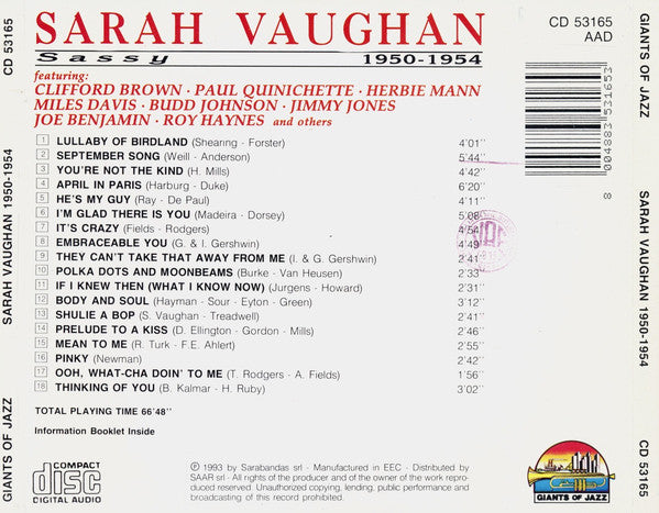 Sarah Vaughan Featuring Clifford Brown, Paul Quinichette, Herbie Mann, Miles Davis, Budd Johnson, Jimmy Jones (3), Joe Benjamin, Roy Haynes : Sassy - 1950-1954 (CD, Comp)