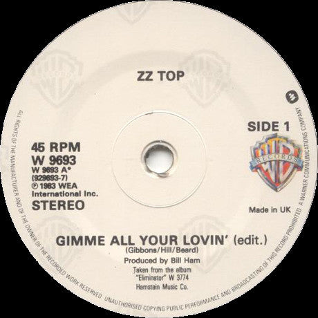ZZ Top : Gimme All Your Lovin' (7", Single, Pap)
