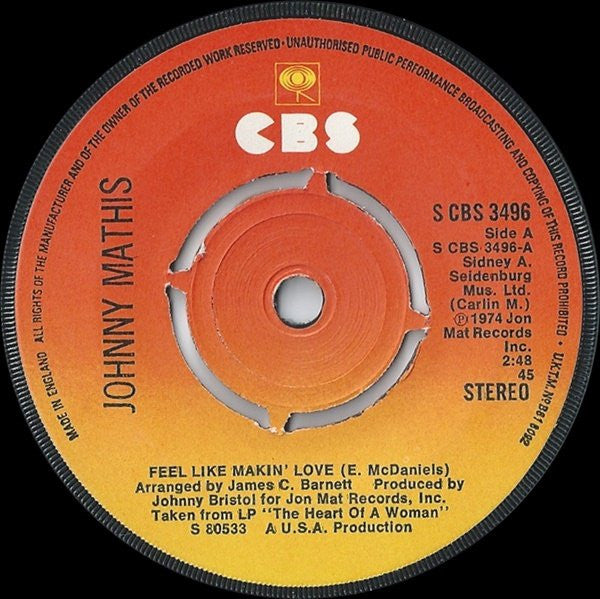 Johnny Mathis : Feel Like Makin' Love (7", Single)