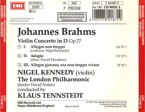 Nigel Kennedy · Johannes Brahms · London Philharmonic Orchestra · Klaus Tennstedt : Violin Concerto (CD, Album, Blu)