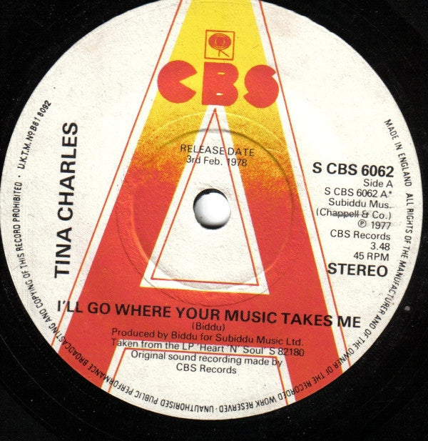 Tina Charles : I'll Go Where Your Music Takes Me (7", Single, Promo)