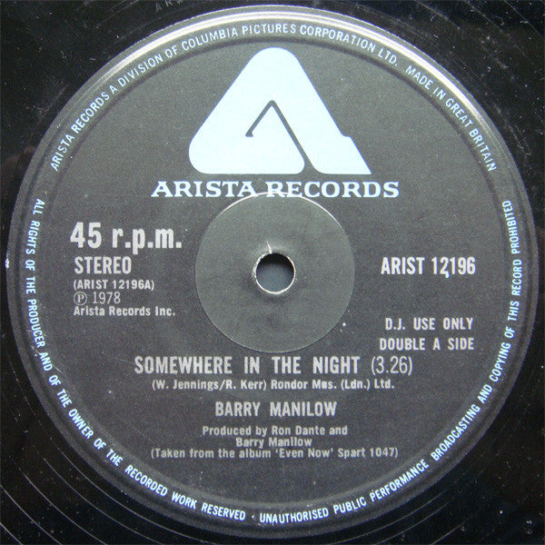 Barry Manilow : Somewhere In The Night / Copacabana (At The Copa) (12", Promo)