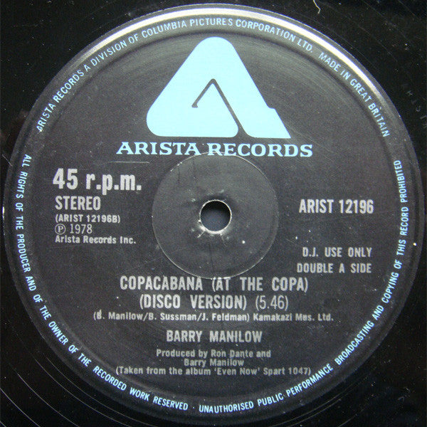 Barry Manilow : Somewhere In The Night / Copacabana (At The Copa) (12", Promo)