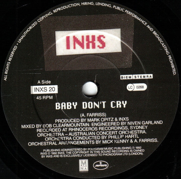 INXS : Baby Don't Cry (7", Single)