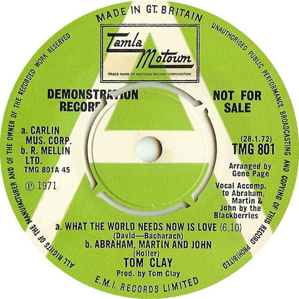 Tom Clay : Tom Clay's "What The World Needs Now Is Love" (7", Single, Promo)