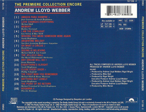 Andrew Lloyd Webber : The Premiere Collection Encore (CD, Comp)