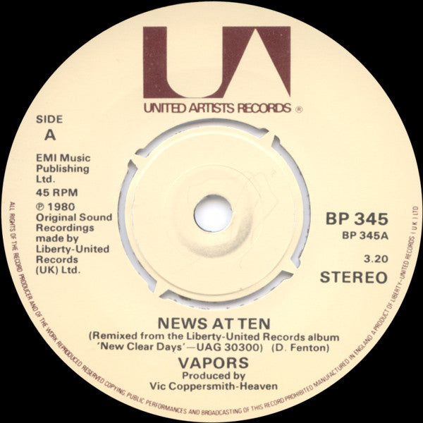 The Vapors : News At Ten (7", Single)