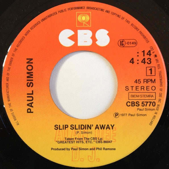 Paul Simon : Slip Slidin' Away (7", Single)