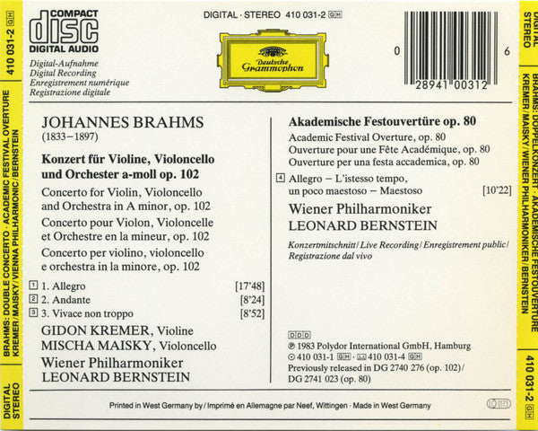 Johannes Brahms - Gidon Kremer · Mischa Maisky - Leonard Bernstein · Wiener Philharmoniker : Doppelkonzert = Double Concerto / Akademische Festouvertüre = Academic Festival Overture (CD)