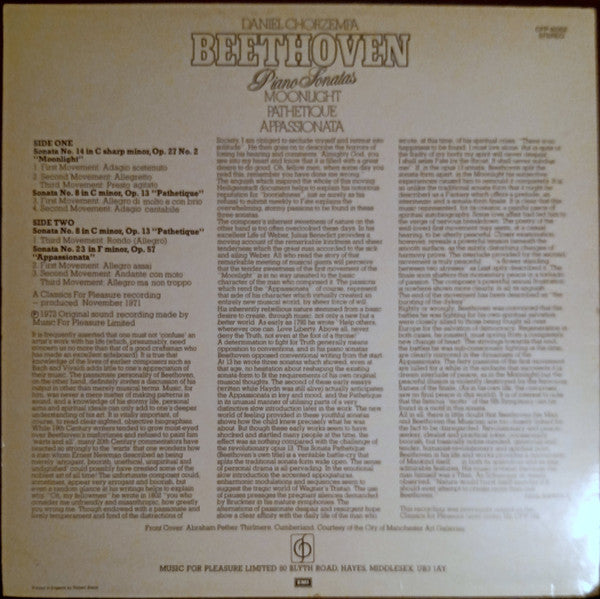 Ludwig van Beethoven Played By Daniel Chorzempa : Piano Sonatas - Moonlight / Pathetique / Appassionata (LP, RE)