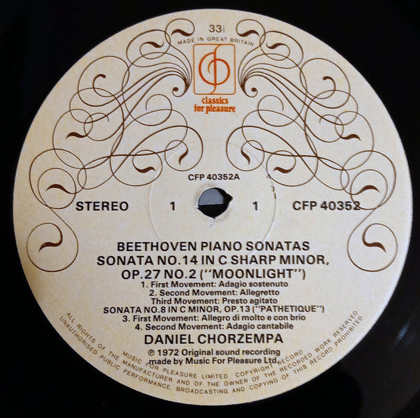 Ludwig van Beethoven Played By Daniel Chorzempa : Piano Sonatas - Moonlight / Pathetique / Appassionata (LP, RE)