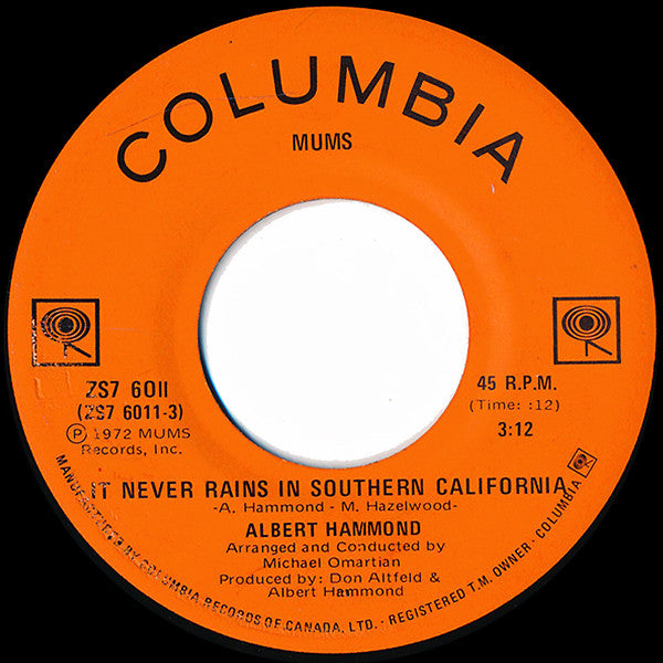 Albert Hammond : It Never Rains In Southern California (7", Single)
