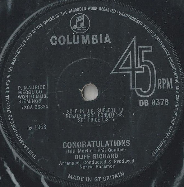 Cliff Richard : Congratulations  (7", Single, Sol)