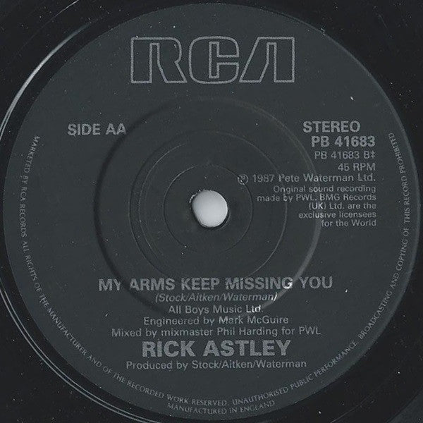 Rick Astley : When I Fall In Love / My Arms Keep Missing You (7", Single, Pap)