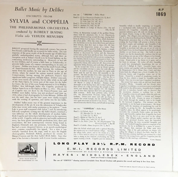 Léo Delibes / Yehudi Menuhin, Philharmonia Orchestra, Robert Irving (2) : Excerpts From Sylvia And Coppelia (LP, Mono)