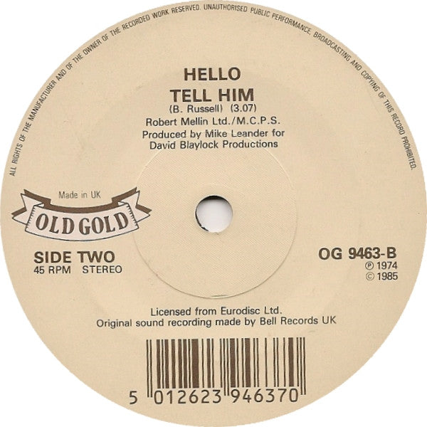 Hello : New York Groove / Tell Him (7", Single, Cre)