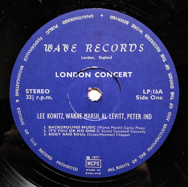 Lee Konitz • Warne Marsh • Al Levitt • Peter Ind : London Concert (LP, Album)