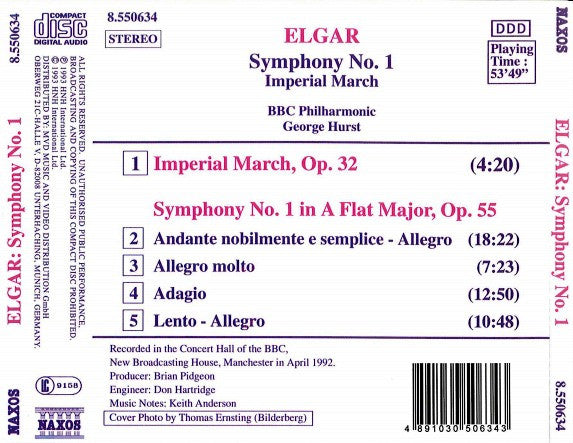 Sir Edward Elgar - BBC Philharmonic, George Hurst : Symphony No. 1, Op. 55 · Imperial March, Op. 32 (CD, Album, RP)