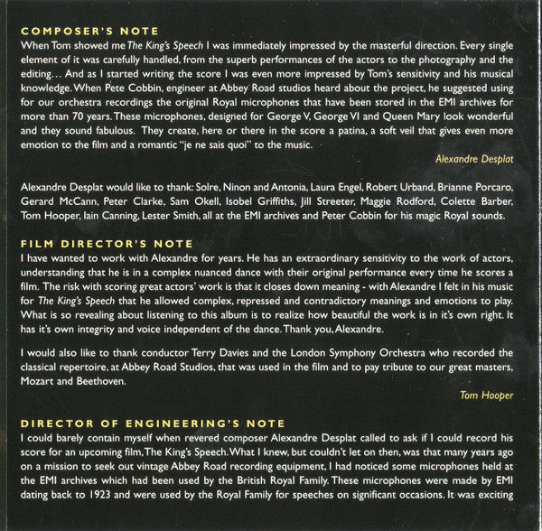 Alexandre Desplat : The King's Speech (Original Motion Picture Soundtrack)  (CD, Album, EDC)