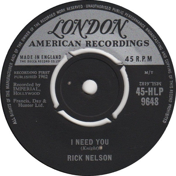 Ricky Nelson (2) : It's Up To You (7", Single)