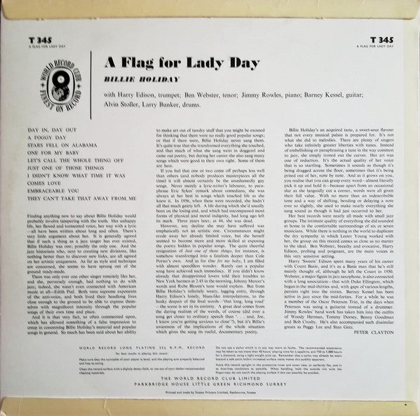 Billie Holiday : A Flag For Lady Day (LP, Album, Mono, Club, RE)