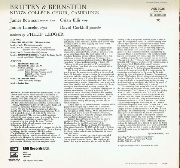 Britten* & Bernstein* / King's College Choir, Cambridge* Conducted By Philip Ledger : Rejoice In The Lamb / Chichester Psalms (LP)