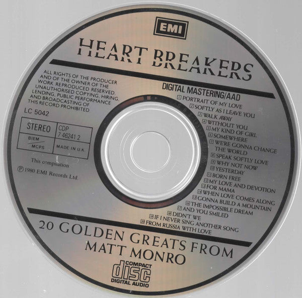 Matt Monro : Heart Breakers - 20 Golden Greats From Matt Monro (CD, Comp, RE)
