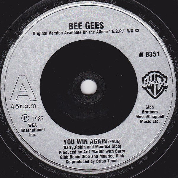 Bee Gees : You Win Again (7", Single, Sil)