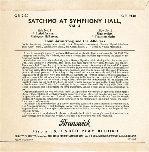 Louis Armstrong And His All-Stars : Satchmo At Symphony Hall Volume 4 (7", EP)