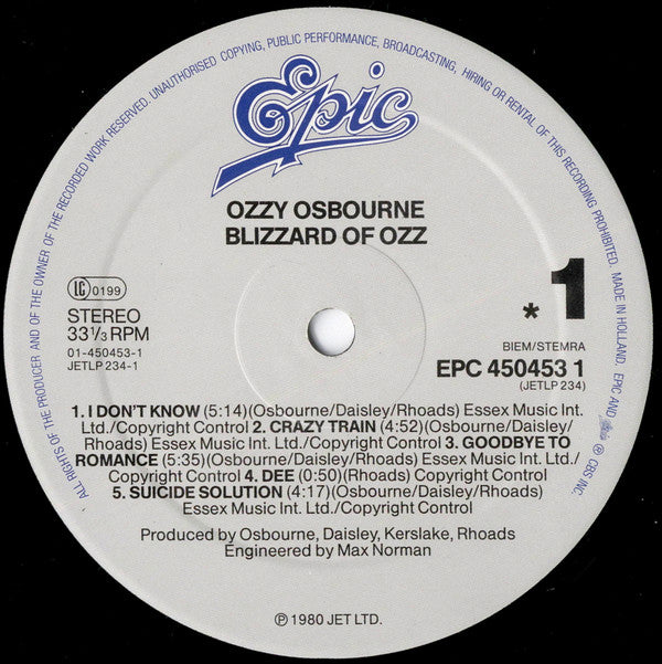 Ozzy Osbourne : Blizzard Of Ozz (LP, Album, RE)