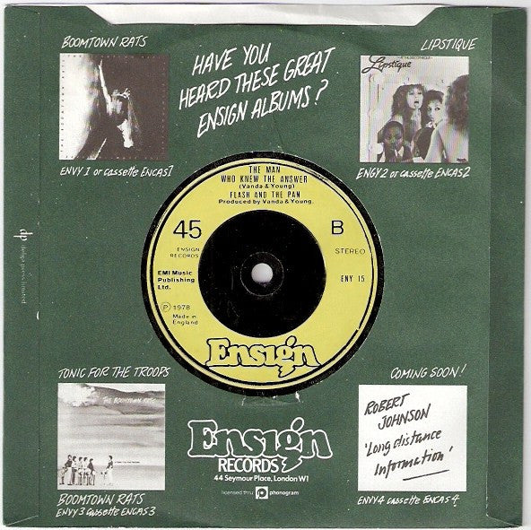 Flash & The Pan : And The Band Played On (Down Among The Dead Men) (7", Single, Gre)