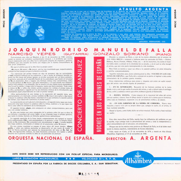 Joaquin Rodrigo*, Narciso Yepes, Manuel de Falla, Gonzalo Soriano, Orquesta Nacional De España Director Ataulfo Argenta* : Concierto De Aranjuez / Noches En Los Jardines De España (LP, RE)