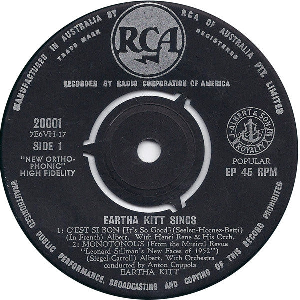 Eartha Kitt With Henri René And His Orchestra : Eartha Kitt Sings (7", EP)