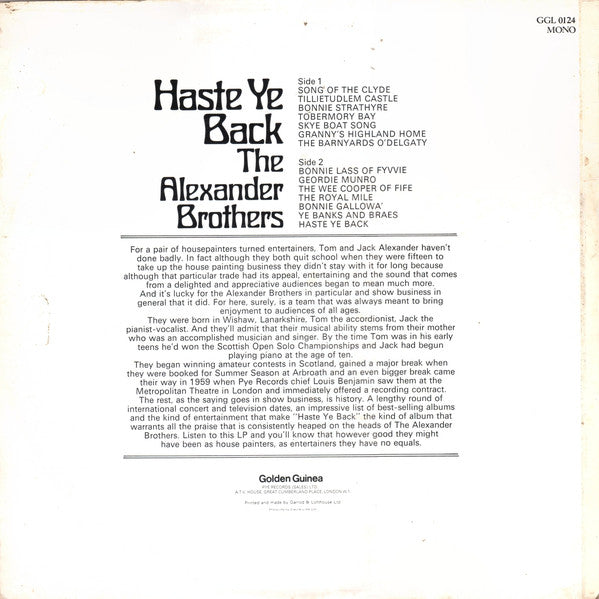 The Alexander Brothers : Haste Ye Back (LP, Album, Mono, RE)