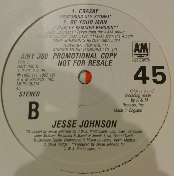 Jesse Johnson Featuring Sly Stone : Crazay (12", Promo)